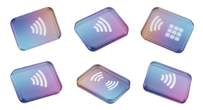 3D rendered credit cards with NFC symbols isolated floating Background is blank and represents digital payment technologies