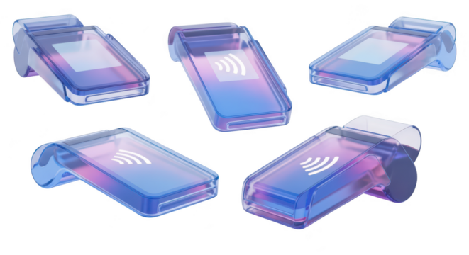 3D renders of transparent card readers in different angles suggesting contactless payment on a white background Suitable for finance and technology visuals