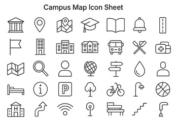 Campus Map Icon Sheet: A comprehensive icon sheet featuring various essential campus map elements, designed in a clean, minimalist style.