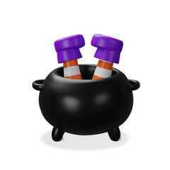 3D illustration of a black cauldron with striped witch legs sticking out. The vibrant purple boots and orange-white stockings add a playful and spooky vibe, perfect for seasonal designs.