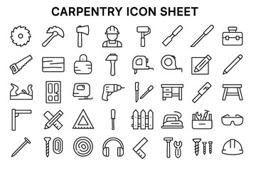 Fototapeta premium Carpentry Icon Sheet: A comprehensive sheet of iconic images of tools, showcasing a vast collection of carpentry essentials, ready for design and DIY endeavors.