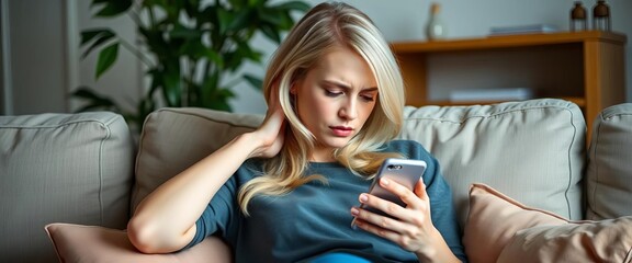 Blonde individual seated on sofa, clutching smartphone, exhibiting signs of neck discomfort,  worry,   spine