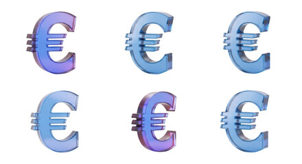 Six translucent euro currency symbols in various blue and purple hues arranged on a white background ready for financial concepts