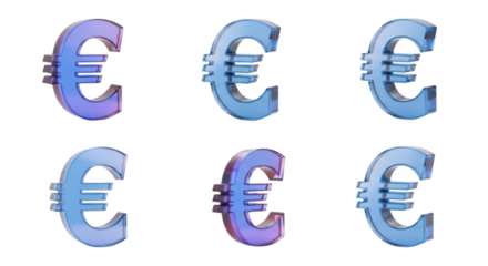 Six translucent euro currency symbols in various blue and purple hues arranged on a white background ready for financial concepts