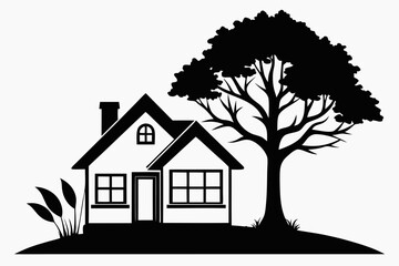House or home building with a tree silhouette, a residential real estate icon vector illustration set design