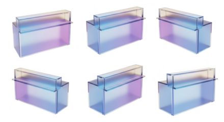 Six colorful glass reception desks isolated on white Background is plain white Useful for showcasing office furniture