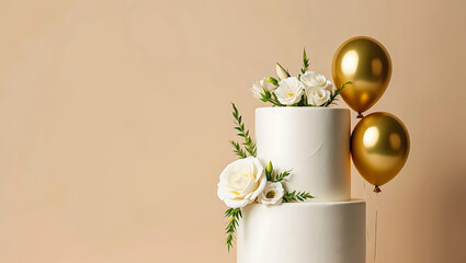 Elegant Wedding Cake with White Roses and Golden Balloons Celebratory Occasion Still Life