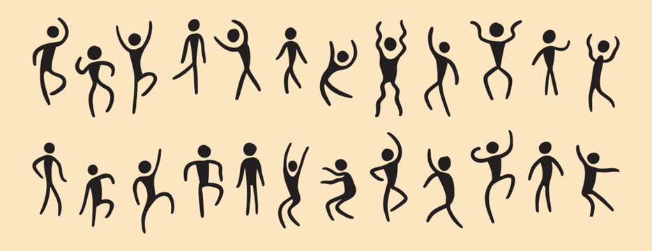 people figures african tribe hand drawn dancing people silhouette. primitive naive style of art. set of doodle people move.