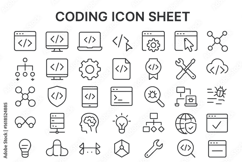 Poster coding icon sheet: an array of intricately drawn icons that vividly represent the world of programmi