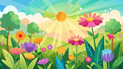 Obraz premium Vector art of a beautiful spring scene showcasing a variety of blooming flowers in a sunlit meadow
