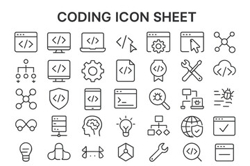 Coding Icon Sheet: An array of intricately drawn icons that vividly represent the world of programming and software development. Perfect for illustrating concepts, designs and technology.