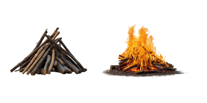 Two bonfires, one on the left and another on the right side isolated on a transparent background in PNG format.
