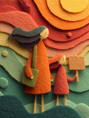 Mother and child holding protest sign in colorful textured scene for World Disarmament Day  
