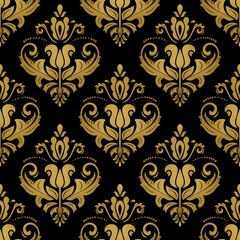 Fototapeta premium Luxury Gold Damask Seamless Pattern on Black Background – Elegant Vintage Ornamental Design