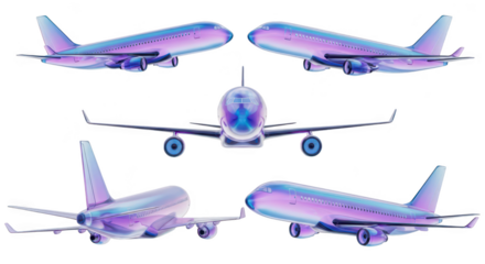 Airplane in multiple views against a plain white background for aviation travel or design related projects