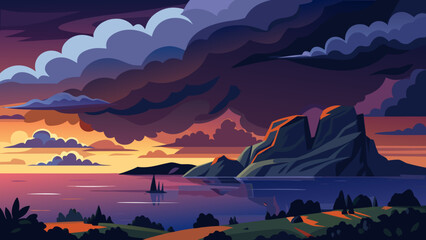 Vector art of dramatic sunset over the ocean with a sailboat approaching rugged cliffs and stormy clouds