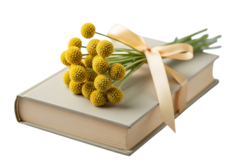 A closed book with a yellow floral sprig and a ribbon isolated on transparent background