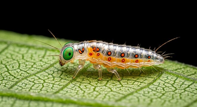 Photo of a minuscule springtail insect with green eyes is seen on a green leaf