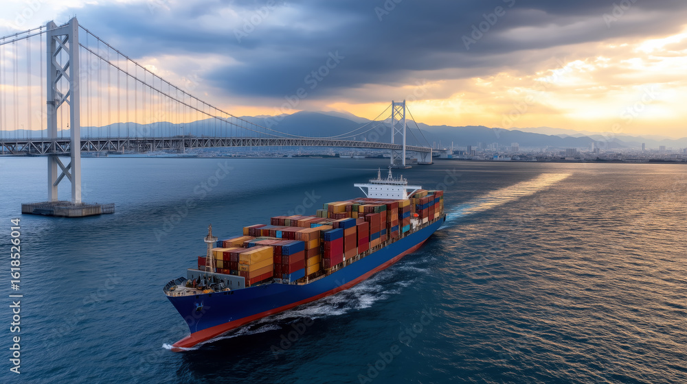 Aufkleber container ship navigating waters below bridge during sunset with mountains in the background and cit