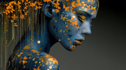 Futuristic portrait of a young adult with glowing circuitry and biometric patterns integrated into skin