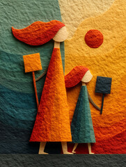 Woman and child holding signs while walking in colorful abstract landscape - Concept of International Day for the Elimination of Nuclear Weapons  