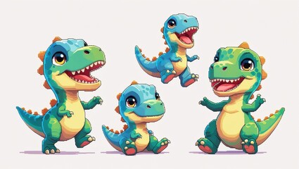 Fototapeta premium Four happy cartoon dinosaurs green and blue in various poses on a white background