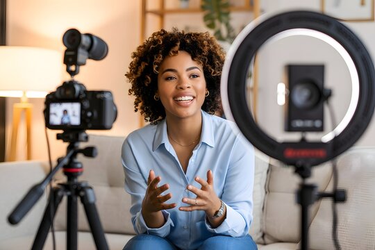 Content Creator Recording Video with Ring Light and Professional Camera Setup
