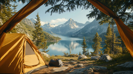 a couple camping in the mountains with a beautiful lake view from their tent