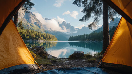 a couple camping in the mountains with a beautiful lake view from their tent