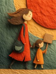 Women and child holding signs in colorful abstract landscape - Concept of International Day for the Elimination of Nuclear Weapons  