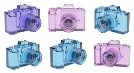 Colorful transparent camera toy set on a white background showcasing various angles for creative design use