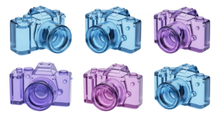 Multiple colorful glass camera sculptures isolated on white background Ideal for illustrating photography art and design concepts