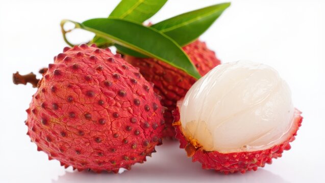 A group of fresh lychees, one cut open, isolated on white background