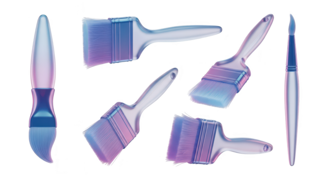 Translucent paint brushes arranged on white backdrop representing creativity design art tools for illustrating painting and artistic concepts