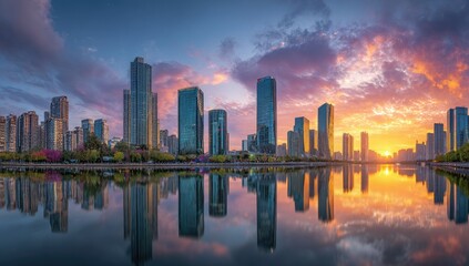 Obraz premium City skyline at sunset reflected in calm water