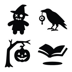Spooky Halloween silhouette icon set with crow, pumpkin, and spellbook.