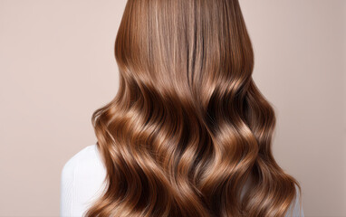 Fototapeta premium Shiny long wavy brown hair with smooth texture reflects light beautifully in beauty salon setting highlighting healthy hair care and styling techniques
