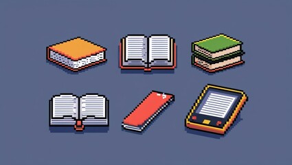 Six pixel art illustrations of books and an e reader against a muted blue background