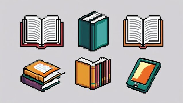 Pixel art collection of books and e reader on a light grey background ereader