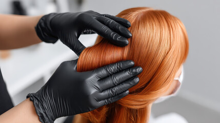 Beauty salon professional wearing black gloves carefully styles vibrant red hair creating smooth and shiny look that highlights beauty salon experience with expert care and precision