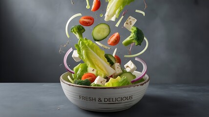 Fresh salad ingredients falling into a bowl in a studio shot