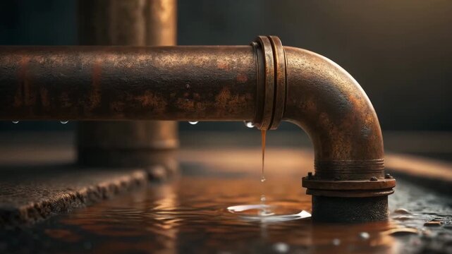 Bronze pipe drips water into puddle, highlighting beauty of rusty metal and scrap materials in industrial setting, creating striking scene