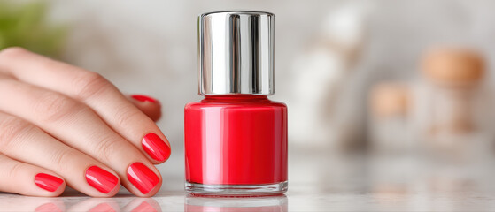 Red nail polish bottle with shiny silver cap and manicured hand with matching red nails on reflective surface creating beauty salon vibe with elegance and style
