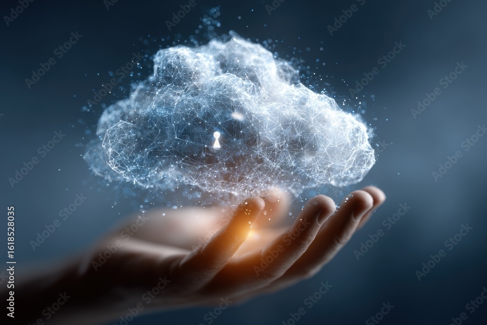 Poster cloud technology in hand: a digital cloud, symbolizing data security and innovative tech, hovers ove
