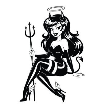 Sexy devil angel pin-up girl cartoon vector illustration. Retro character with horns, halo, and pitchfork. Good versus evil concept for tattoo or sticker design