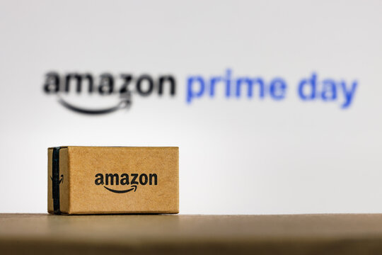 Porto, Portugal - July 30th, 2025: Tiny Amazon Prime Day Package with Branded Minimalist Backdrop