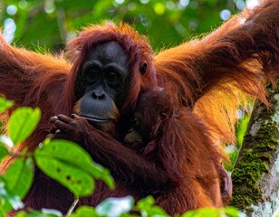 Young orangutan in a tree with her child