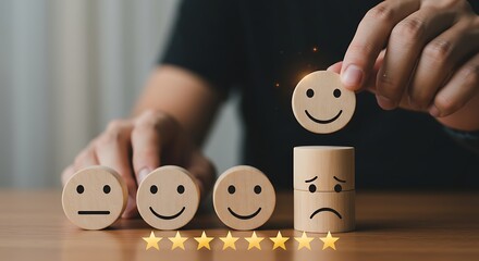 Service quality assessed: a hand completing a stack of wooden emotion blocks with a happy face.