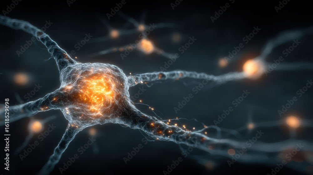 Aufkleber close-up view of neurons transmitting electrical signals through glowing synapses in a dark neural n