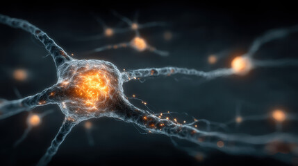 Close-up view of neurons transmitting electrical signals through glowing synapses in a dark neural network